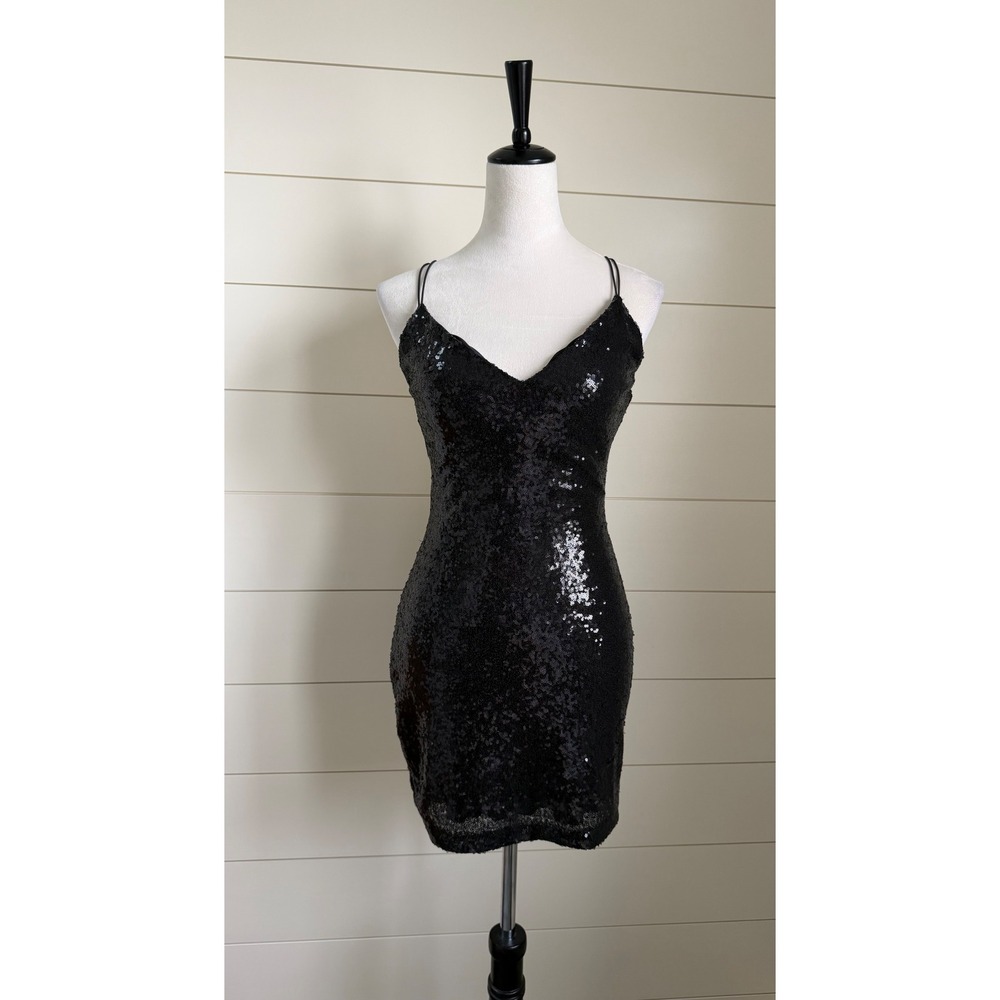 B Darlin Black Sequin Mini Dress Crisscross Back Size M‎